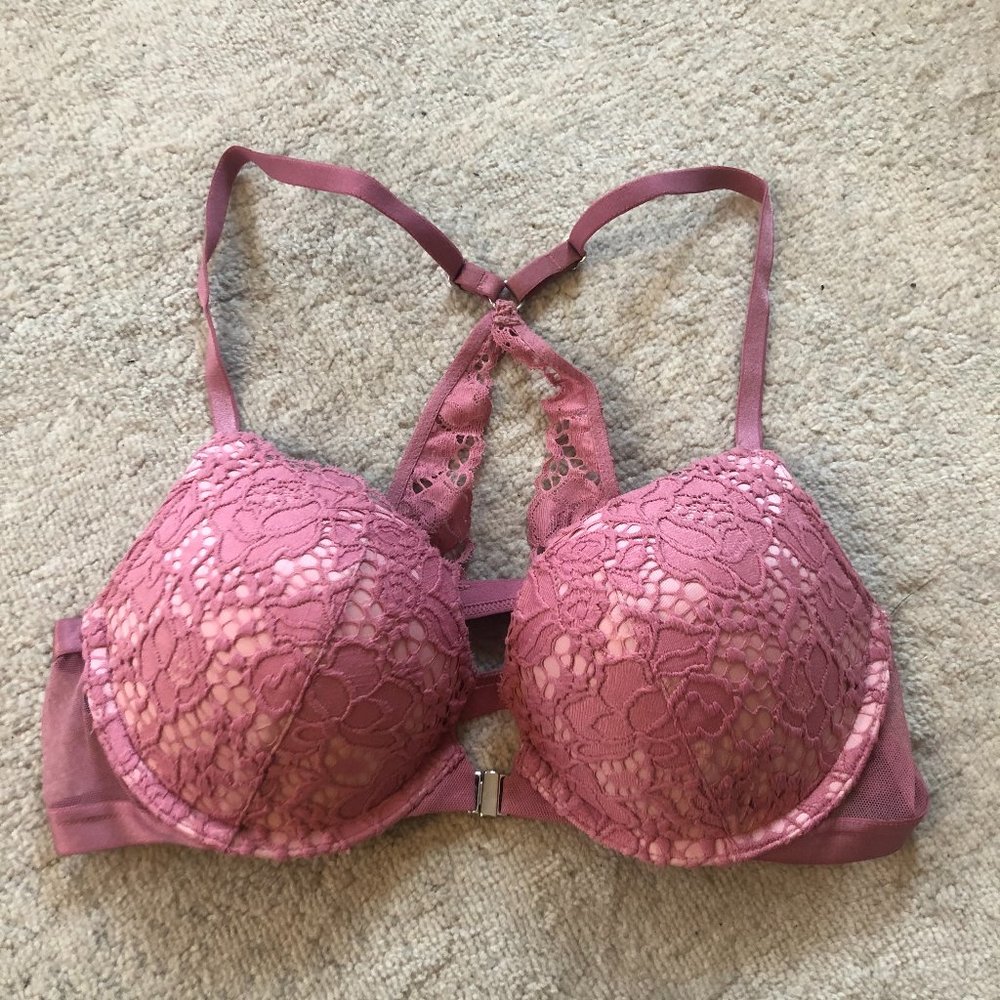 Pink floral front close racerback push up bra 34B